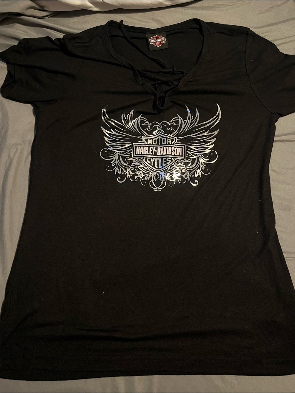 Harley-Davidson Black Short Sleeve Lace-Up V-Neck Tee